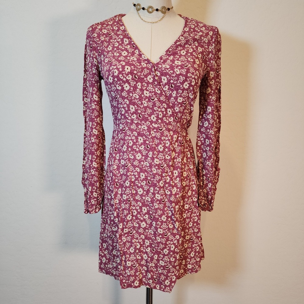 Elodie Floral Print Long Sleeve Mini Wrap Dress Burgundy Size 8